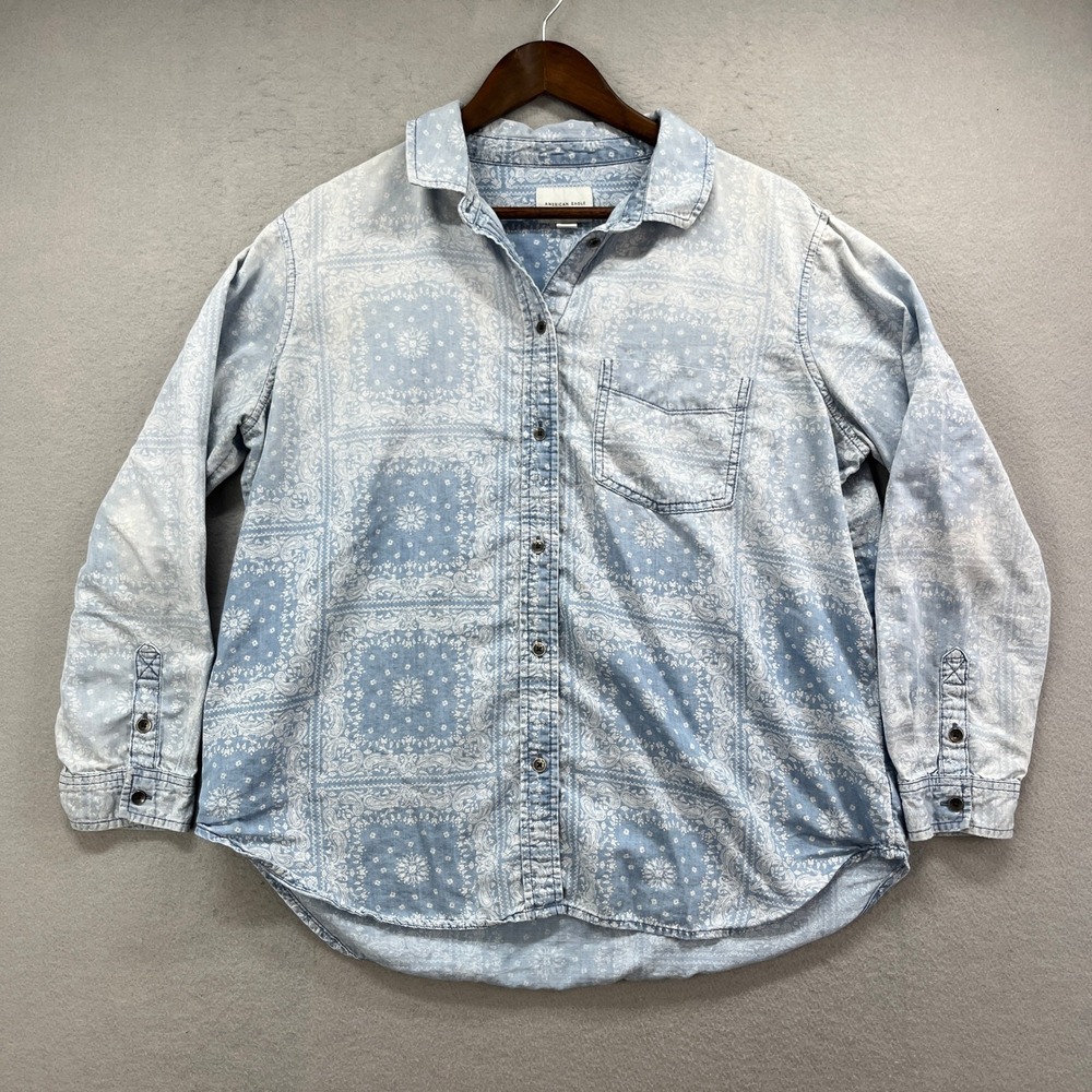 American Eagle Button Down Womens M Light Blue Bandana Paisley Acid Wash Boho